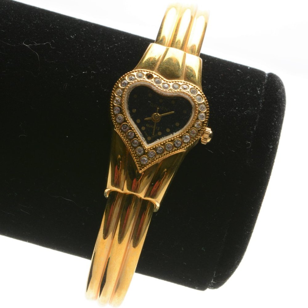 Ladies Gruen Gold Plated Quartz Dress Heart Watch with Rhinestones - Vintage